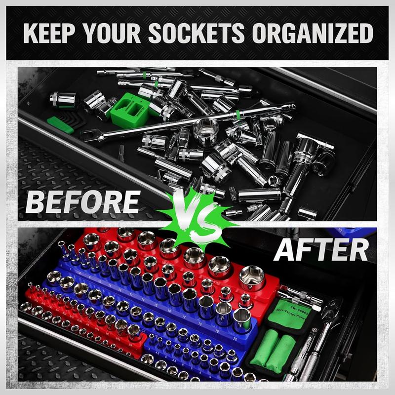 Magnetic Socket Organizer Set, Various specifications, 1/2-inch, 3/8-inch, 1/4-inch Drive, Holds 143 SAE&Metric Sockets, Red & Blue, Professional Quality Tools Organizer Hardware Heavy Duty #TikTokShopBlackFriday