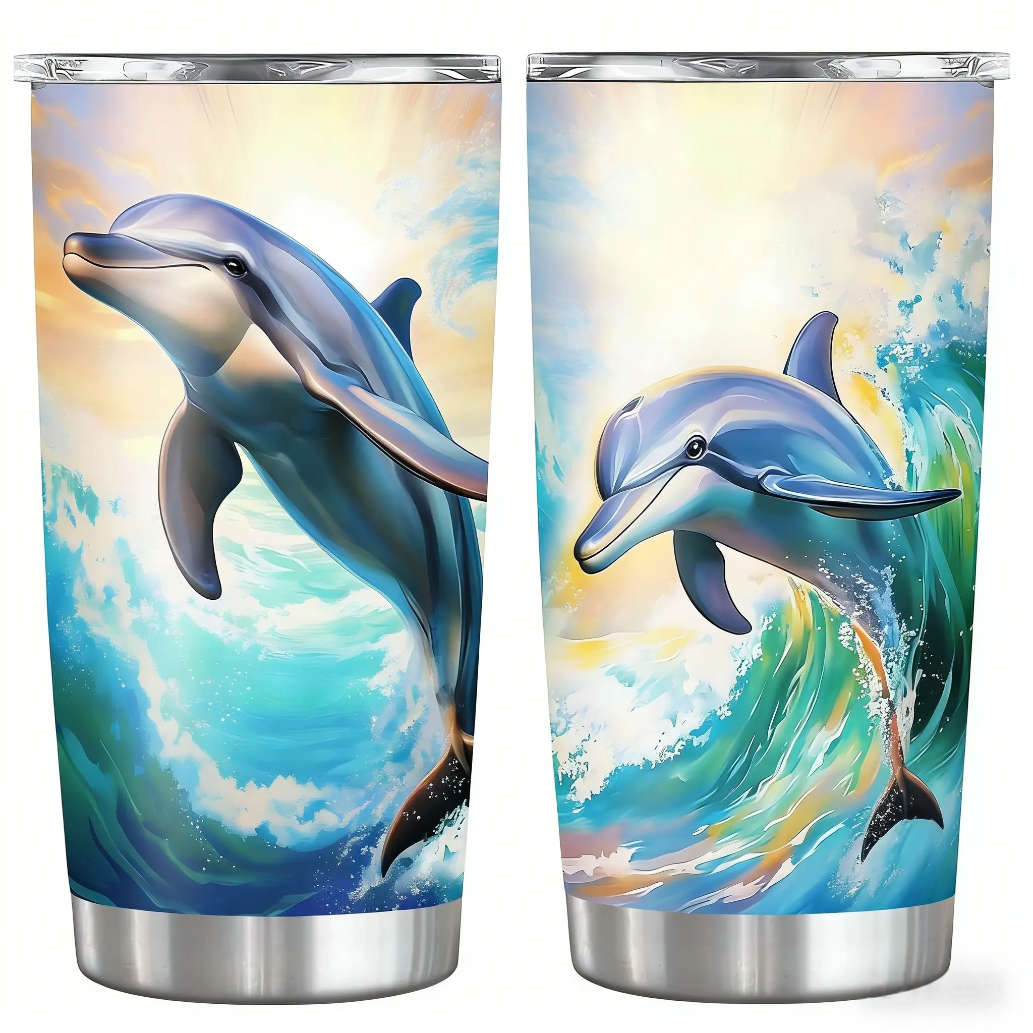 20oz Stainless Steel Insulated Vacuum Tumbler - Portable, Leakproof, BPA-Free, Double-Wall Travel Mug with Dolphin Print Lid & Ocean Waves Design, Ideal for Coffee, Tea, Iced Tea, Perfect Gift for Dolphin Lovers