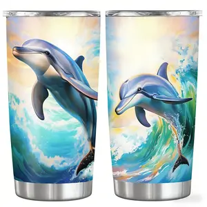 20oz Stainless Steel Insulated Tumbler with Dolphin Print Lid - Double-Wall Travel Mug, Leak-Proof & BPA-Free, Perfect Gift for Family, Friends, or Dolphin Lovers, Ocean Waves Design, Water Tumbler Insulated