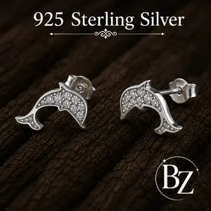 925 Sterling Silver Dolphin Stud Earrings with Cubic Zirconia