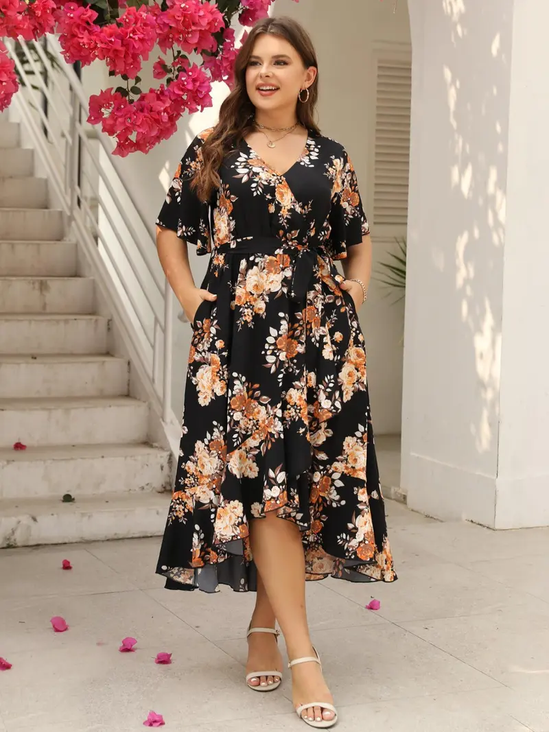 Plus Size Floral Print Casual Dress, Elegant Summer Woven Fabric, Fitted Style for Daily Fashion, Perfect for Special Occasions