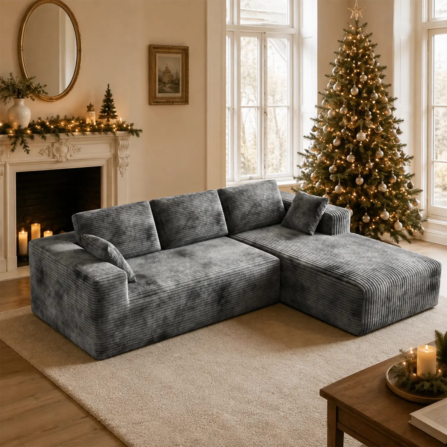 Oversized Chaise Lounge Sofa Cloud Sectional Couch with L-Shape Chaise Upholstered Corduroy Velvet for Living Room & Bedroom Modular Convertible Loveseat SofaBed