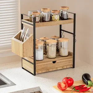 2-Tier Bathroom Counter Organizer with Drawer andBasket, Wood Countertop Organizer for Storage,Skincare Organizers for Vanity, Counter Shelf forBathroom Organization