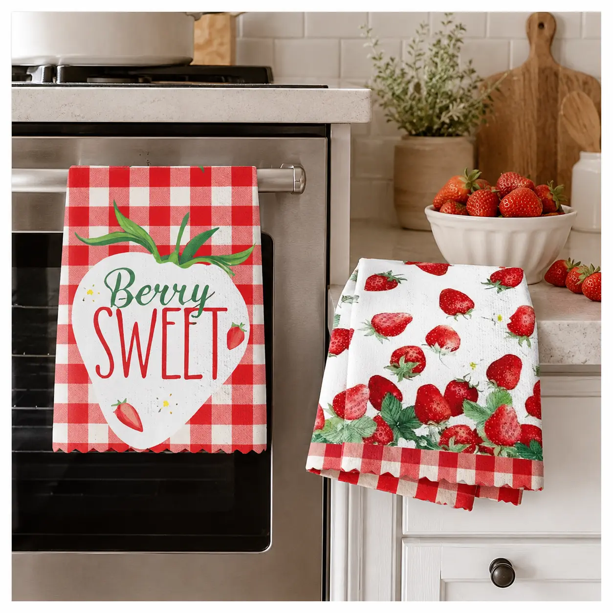 Set of 2 Strawberry Pink Kitchen Towels, Berry Sweet Gingham Dish Towels, Pink Marble Decorative Tea Towels for Kitchen Decor