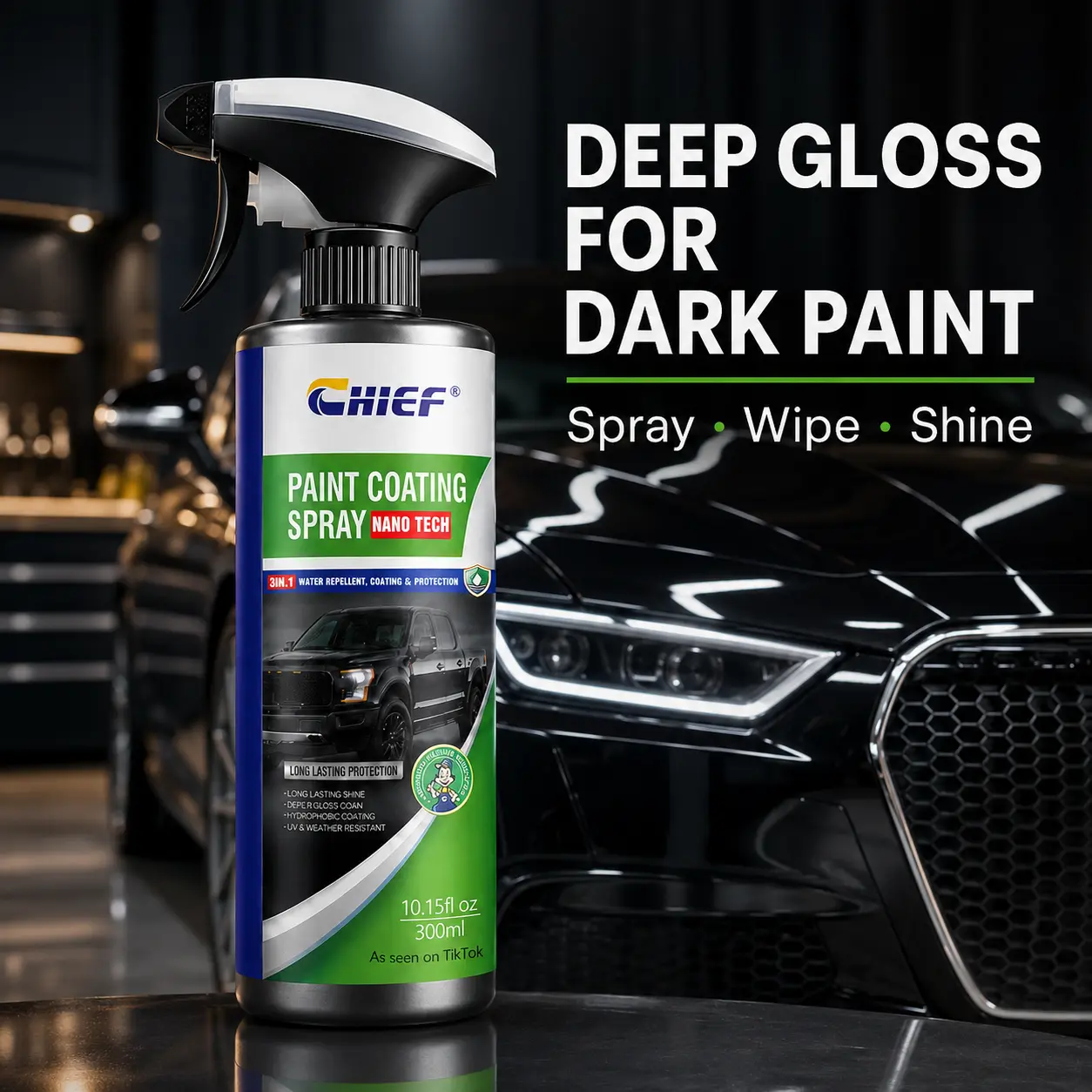 CHIEF Paint Coating Spray for Cars and Dark-Colored Vehicles, Quick Gloss and Water-Repellent Spray Sealant, 10.15 fl oz#car paint coating spray #quick car shine #black car shine spray #dark color car detailer #hydrophobic car spray #paint sealant spray