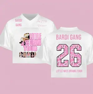 Pink White Paisley Bardi Gang #26 LittLe Miss Drama Crop Top Jerseys, 2026 Rapper Tour V-Neck Crop Football Jersey, Hip Hop Streetwear Jersey, Trendy Rap Style Outfit