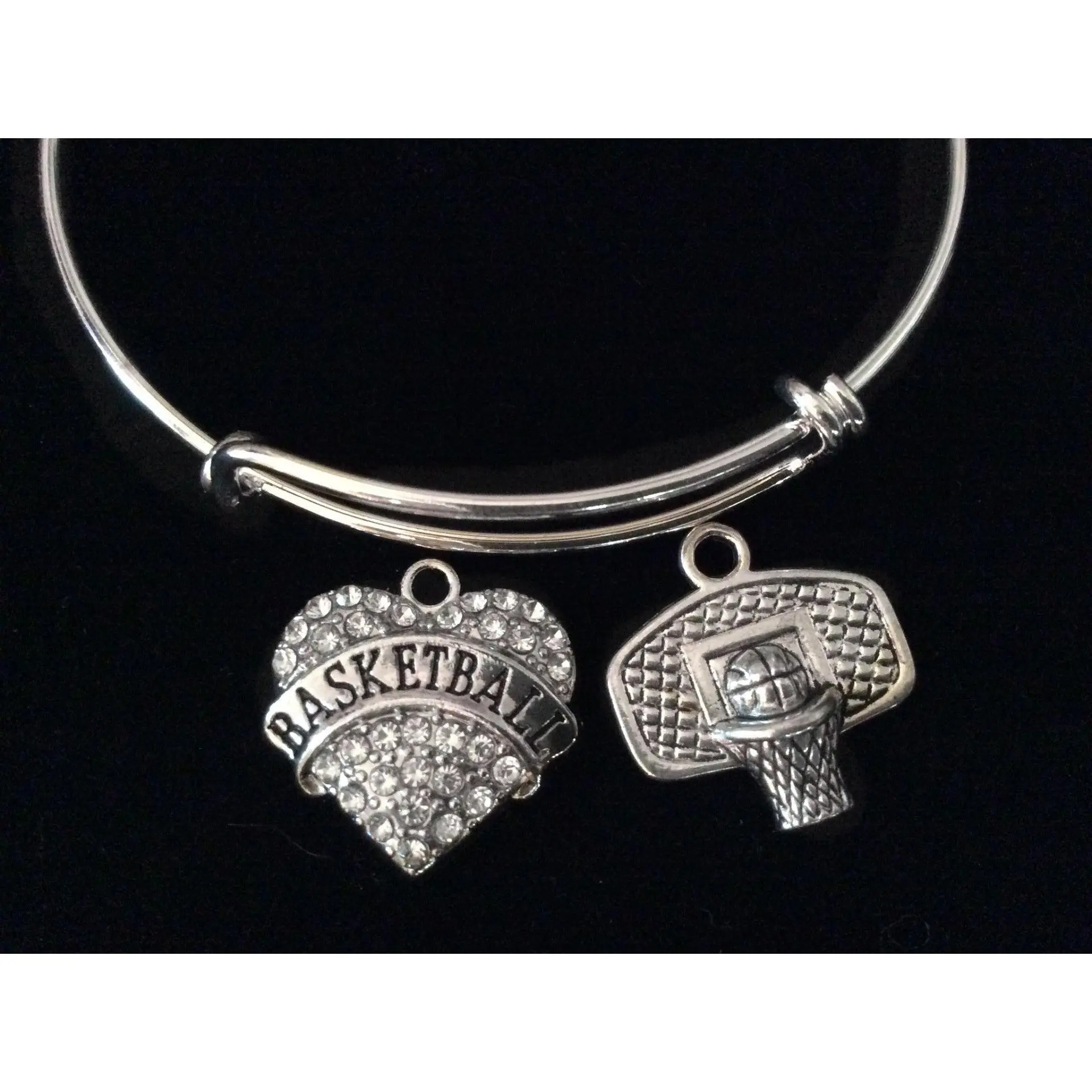 Crystal Heart Basketball Hoop Charm Silver Expandable Charm Bracelet Sports Gift Adjustable Bangle