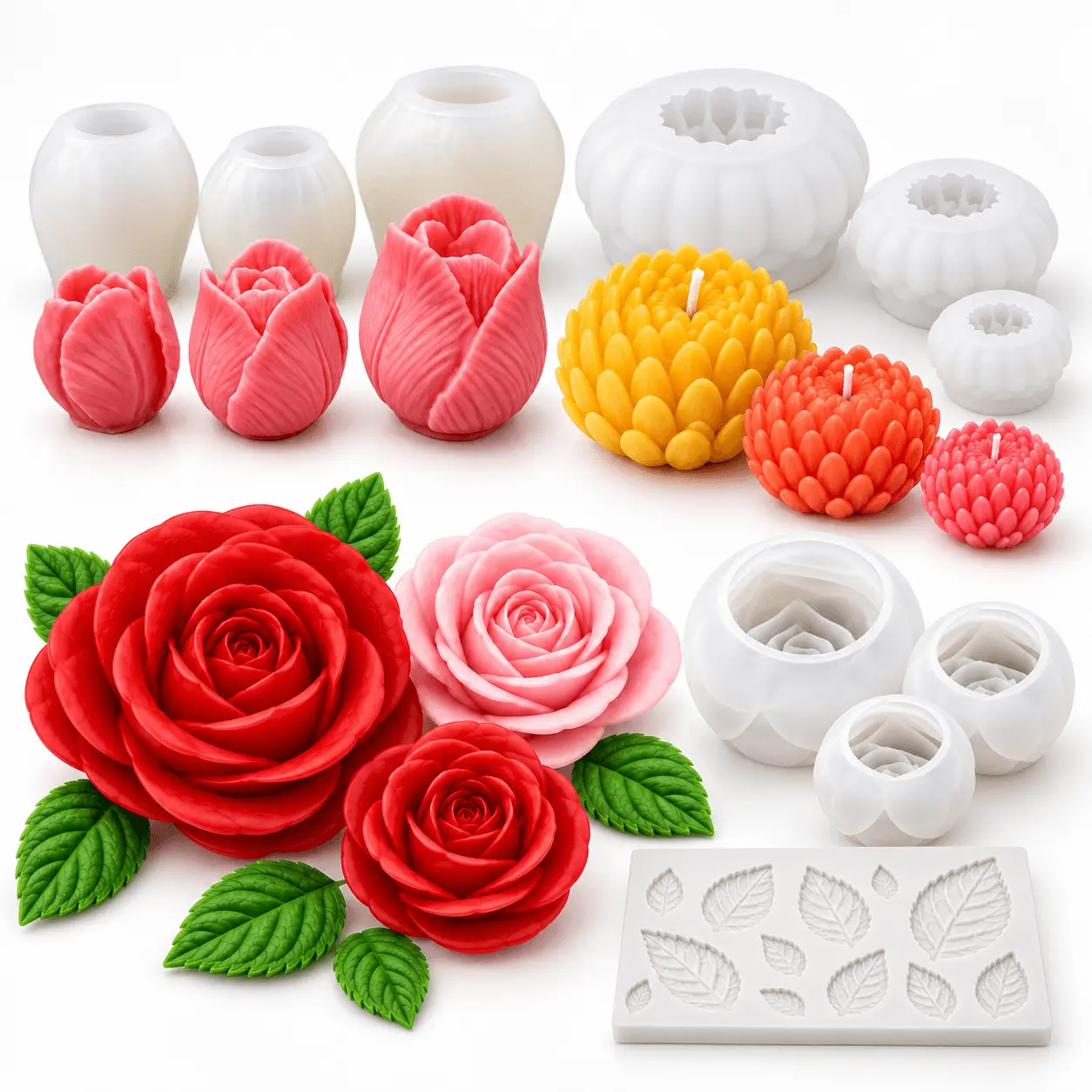 10-Piece Floral Silicone Candle Mold Bundle – 3 Sets Tulip Chrysanthemum Rose & Leaf DIY Candle Making Molds