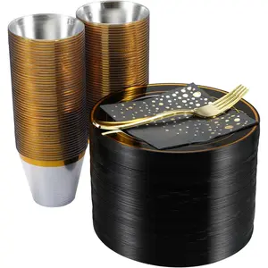 Stylish 7.5 Inch  and Black Cake Plates with Disposable Cups, Forks and  Napkins (100 Set of Each) - Small Appetizer Plates, Disposable Cake Plates or Salad Plate