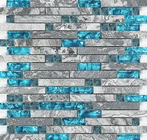 Glass Stone Tile Linear Mosaic Teal Blue Gray Polished Interlocking Kitchen Backsplash Bathroom Wall Tiles Decor Light Marble Decorative