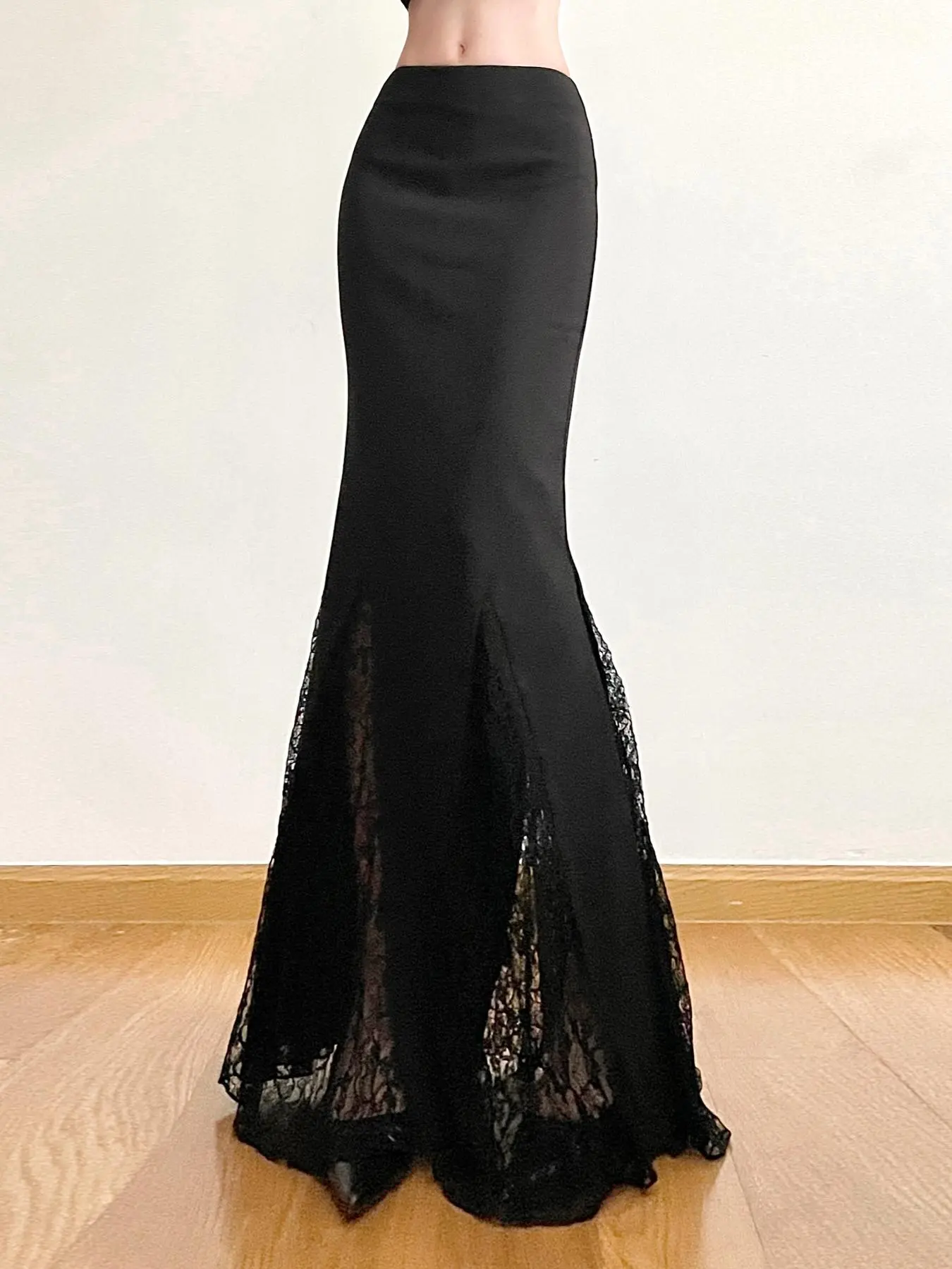 Women's Plain Contrast Floral Lace Mermaid Skirt, Elegant Long Skirt for Party Evening Formal Occasions, Ladies Bottoms for All Seasons, Lace Trim Skirt, Elegant Fashion Skirt