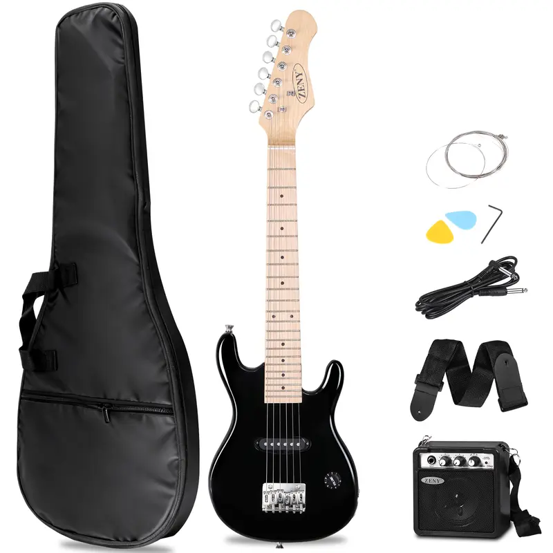 Zeny 30-Inch 3/4 Compact Size Right-Handed Beginner Guitar for Kids, 5-Watt Mini Amplifier, Picks, Allen Key, Adjustable Strap, Cable, 420D Bag, Extra Strings & Accessories Pack, Comfortable to Play, Black (Musical Instruments)