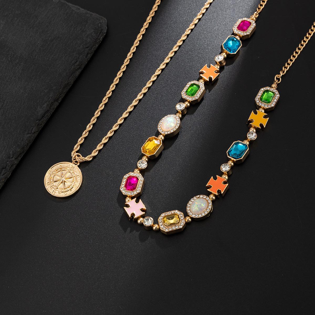 European and American cross-border colorful gemstone gold jewelry chain, fashionable and dazzling, high-end, light luxury, versatile necklace set