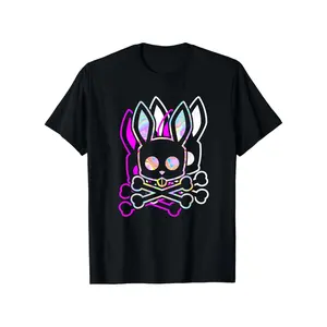 Mens Psychedelic Rabbit Skull Graphic T Shirt Soft Cotton Crew Neck Tee with Bone Pattern Black Casual Summer Short Sleeve Shirt for Casual Attire Street Style Apparel Comfortable Fit