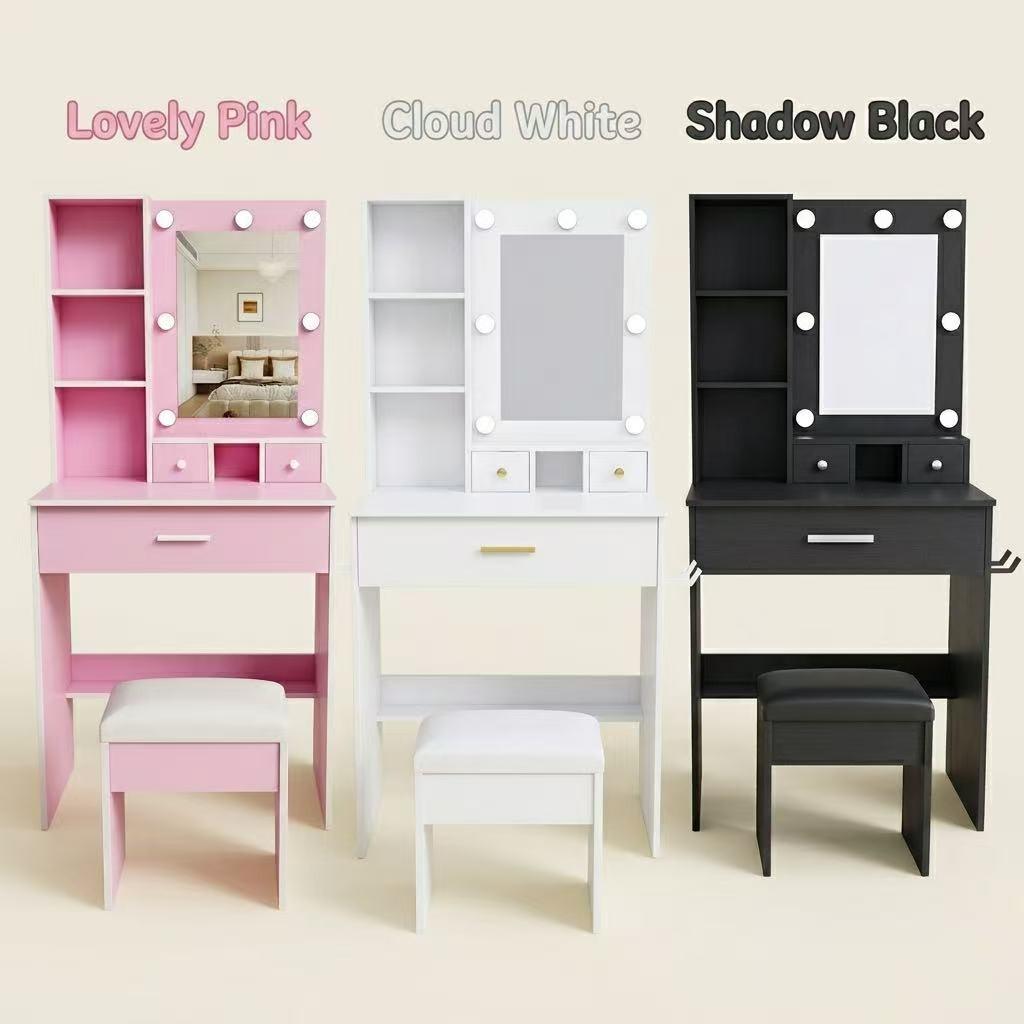 Makeup Vanity Desk with Adjustable LED Mirror, Built-in LED Lighting, Power Outlet, Hairdryer Holder & Stool, Compact Indoor Furniture for Small Bedrooms (Fixes Poor Lighting & Tangled Cords), Adjustable Led Vanity Mirror Makeup Vanities