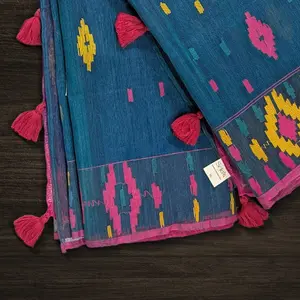 Rich Teal Handloom Dhakai Jamdani Saree: Soft Texture, Ethnic Motifs