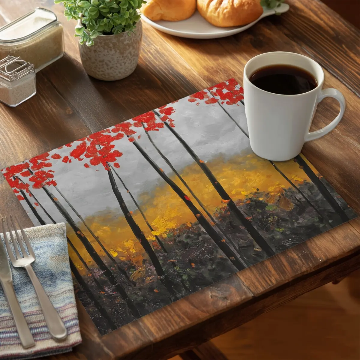 360 stand Polyester Fabric Placemat, 14x18 in Stain-Proof Placemat with Abstract Art Autumn Gray Trees, Coasters Home Decor, Kitchenware Tableware Accessory, CPPM1418OHP8SP, Household Placemat