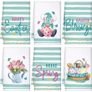 6 Pcs Easter Kitchen Towels Bunny Gnome Floral Hello Spring Dish Towels Easter Tea   Kitchen Decor Spring Flowers Blessings Dishcloths for Bathroom Home Housewarming Decorations