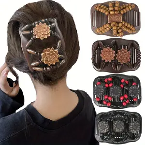 4 PCs Wooden Bead Pairs Magic Hair Comb Clip Women Hair Comb Bun Machine Barrettes Bun Barrettes Hair Clips Hair Accessories