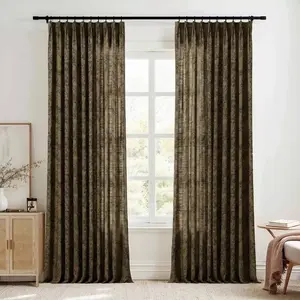 TWOPAGES Linen Leaves Print Drape Pinch Pleat Light Filtering Curtain, 26"x84", Bronze