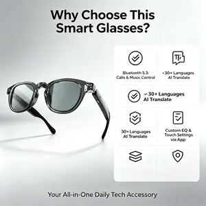Multifunctional Smart Wearable Glasses, Bluetooth-compatible V6.0, Stereo Call Music, Multilingual Translation Ai Assistant, Blue Light Blocking, Replaceable Lenses