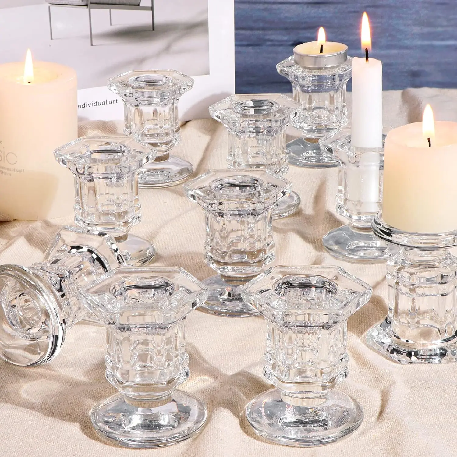12-Piece Bulk Round Glass Candlestick Holder Set - Crystal Taper Candle Stands with Aluminium Accents, Home Decoration for Living Room, Wedding Gift, Candle Stand