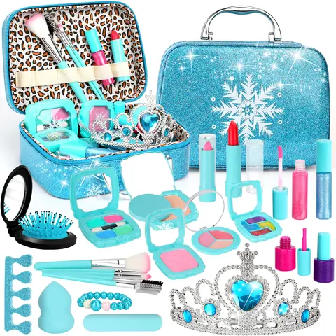 25 PCS Frozen-Themed Washable Makeup Set for Girls - Soap-Washable Use, Snowflake Design, Safety-First Pretend Play Toy Bundle, Frozen-Theme Fun, 3-12 Years Christmas/Birthday Gifts, Skin Test Recommended, Not for Sensitive Skin
