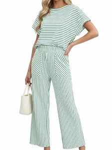 Womens Striped 2 Piece Sets Short Sleeve T Shirts Wide Leg Pants Matching Lounge Set with Pockets Batwing Casual