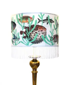 Shoal Lampshade - Handmade Decorative Lighting Accessory with Fish Design, 4" Chainette Fringe Trim & 3/8" Ribbon Trim