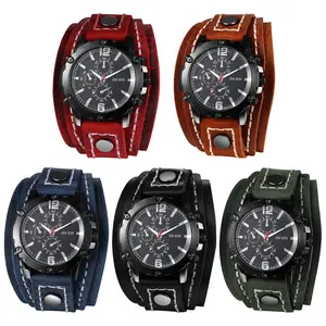 Men's Steampunk Analog Quartz Wide Genuine Leather Strap Decorative Wrist Watch