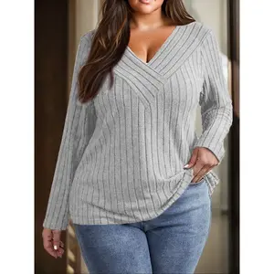 Plus size women's V-neck knitted top, made of sexy, ultra soft, elastic, and lightweight fabric, elegant, casual, and fashionable in spring and autumnRAIMENTRY