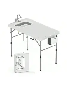Foldable Fish Cleaning Table, Portable Camping Table With Sink & Fish Cleaning Kit, Folding Fillet Cleaning Station With Faucet & Sprayer For Camping, Patio, Kitchen, Beach, Dock & Patio