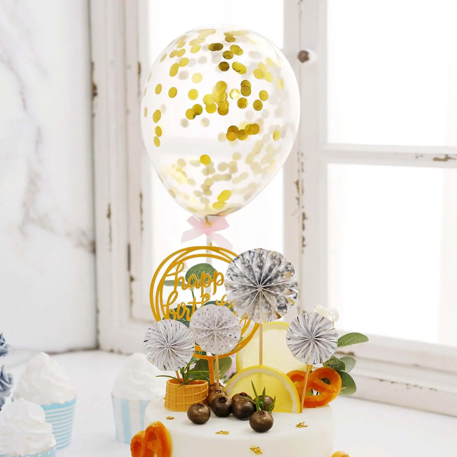 Cake Decorating 6-Piece Kit - Silver/Gold Acrylic Birthday Toppers (1" Height), 4 Mini Paper Fans, Confetti Balloon for Birthday & Anniversary Parties, Mini Fans
