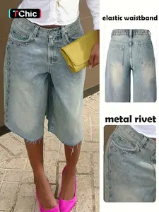 Women's Denim Seven-Point Pants, Fashion Casual Daily Wear, Retro Rivet Design Elastic Waist, Comfortable Women's Jeans
