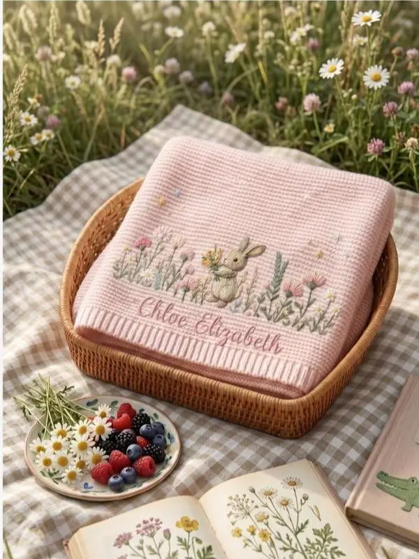 [Made-to-Order] Personalized Bunny Baby Embroidered Blanket, Floral Baby Girl Blanket, Custom Rabbit Blanket, Welcome Baby Nursery Keepsake, Newborn Gift