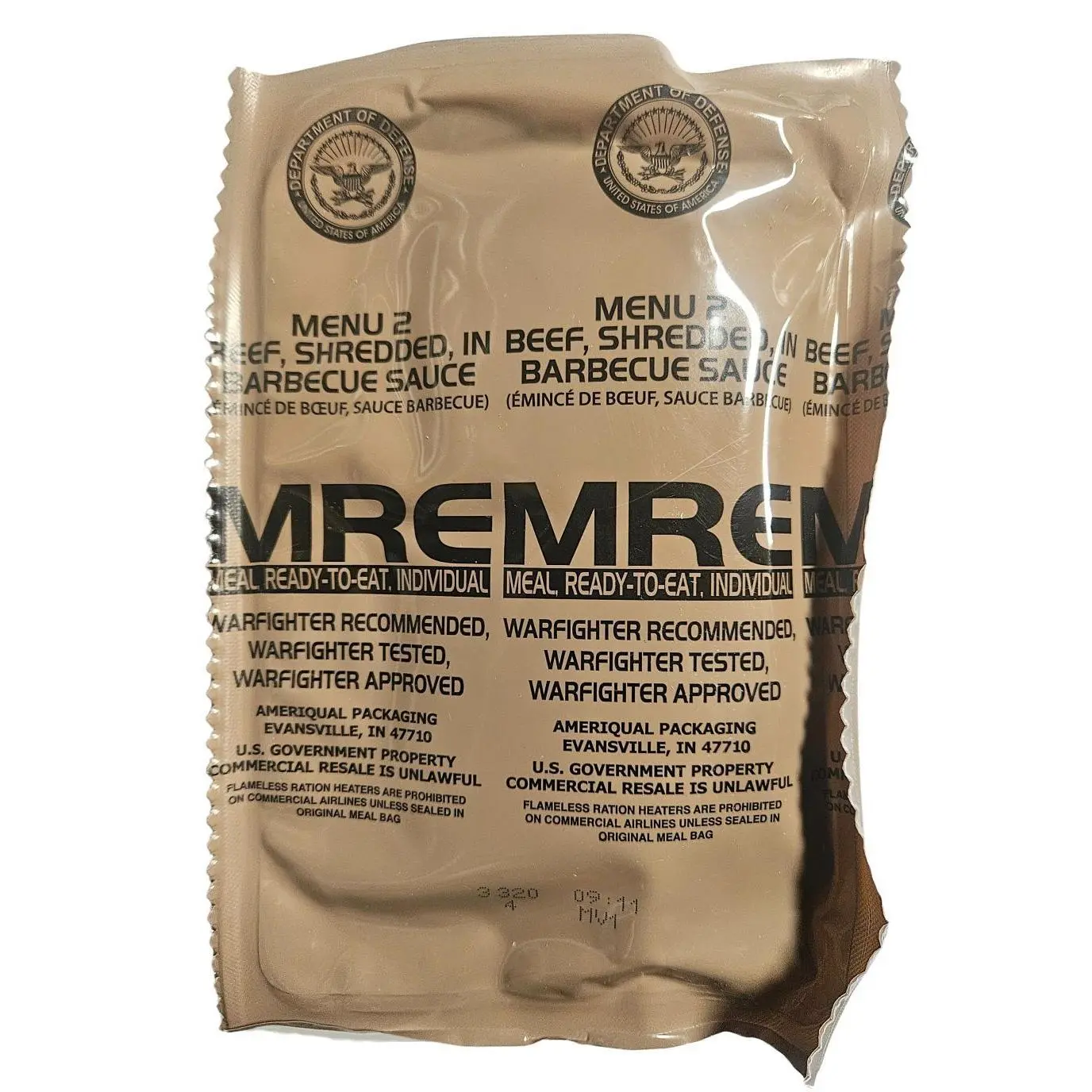 MRE - BBQ Shredded Beef Protein Menu 2 12hour Ration 1250 Calories 13 Protein 36 Fat 51 Carbohydrate Ready to Eat Warfighter Approved