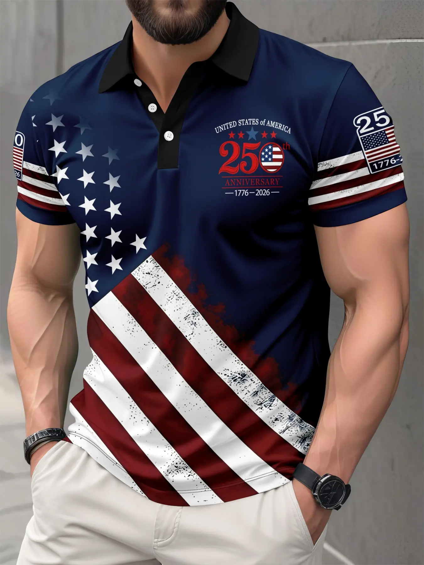 Men's Usa Independence Day 250th Anniversary Classic Muscle Slim Printed Polo Shirt, Patriotic Star-Spangled Print, Casual Button-Down, Summer Fashion