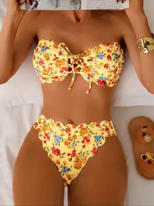 Women's Two-Piece Strapless Set, Lace Trim Ruched Fabric, Fashionable Elegant Flower Print Bikini Swimsuit for Beach Vacation, Floral Print Swimsuit, Floral Print Bikinis