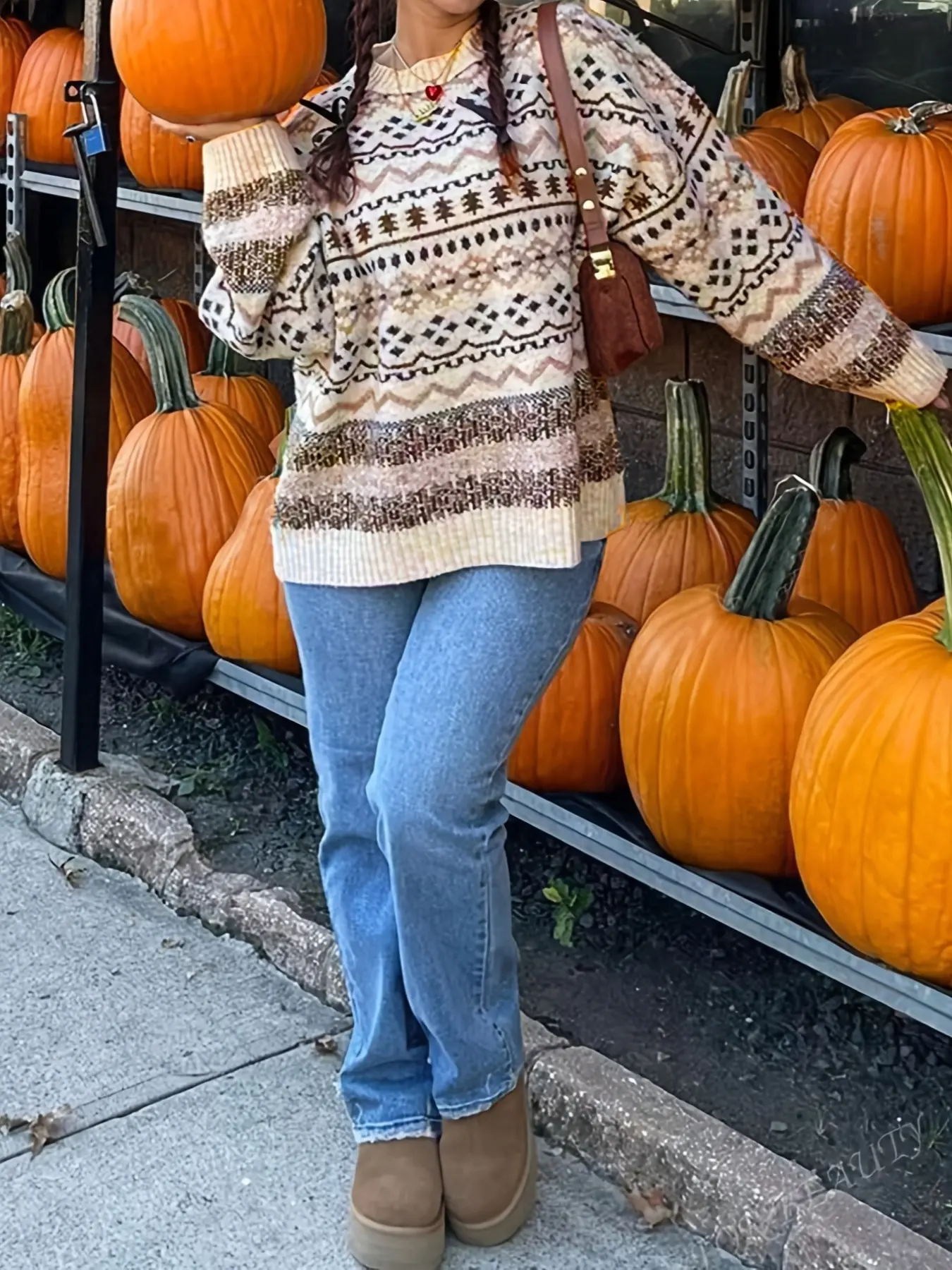 Women's Vintage Ethnic Geometric Print Pattern Sweater, Casual Crew Neck Long Sleeve Pullover, Cozy Knitwear Top for Fall & Winter, Cute Sweaters for Women