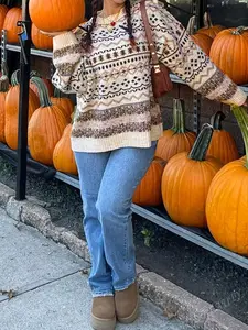 Women's Vintage Geometric Pattern Sweater, Casual Crew Neck Long Sleeve Pullover, Cozy Knitwear Top for Fall & Winter, Cute Sweaters for Women