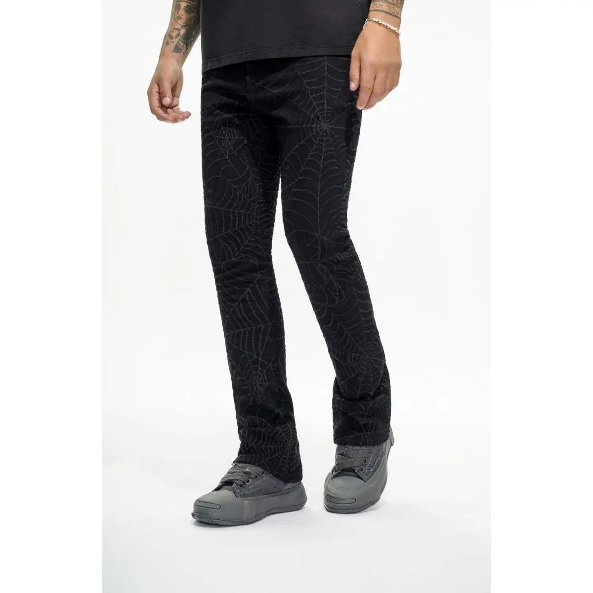 Women's Operator Spider Black Stacked Flare Jeans - Streetwear Bottoms, Tapered Fit, Aesthetic Design, Everyday Wear, Print, Urban Jeans, Casual, Ankle, Cold Wash, Hang Dry, Stacked Jeans