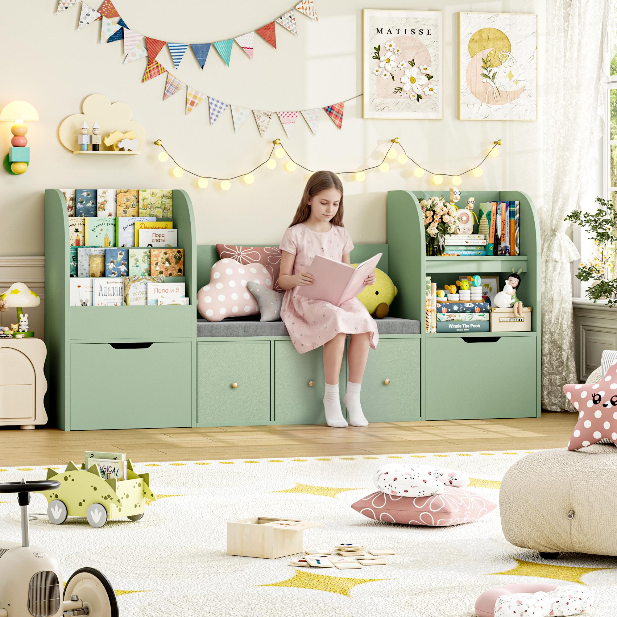 FOTOSOK 71” Kids Bookshelf with Reading Nook, Toy Storage Organizer with Seat Cushion and 2 Movable Drawers & 3 Toy Chests, Kids Reading Nook Toy Organizers and Storage with Bench for Playroom