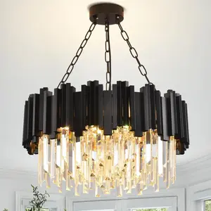 Modern 4-Tier Black Crystal Pendant Light, Recessed Circular Raindrop Chain Pendant - For Dining/Living Room Entrances