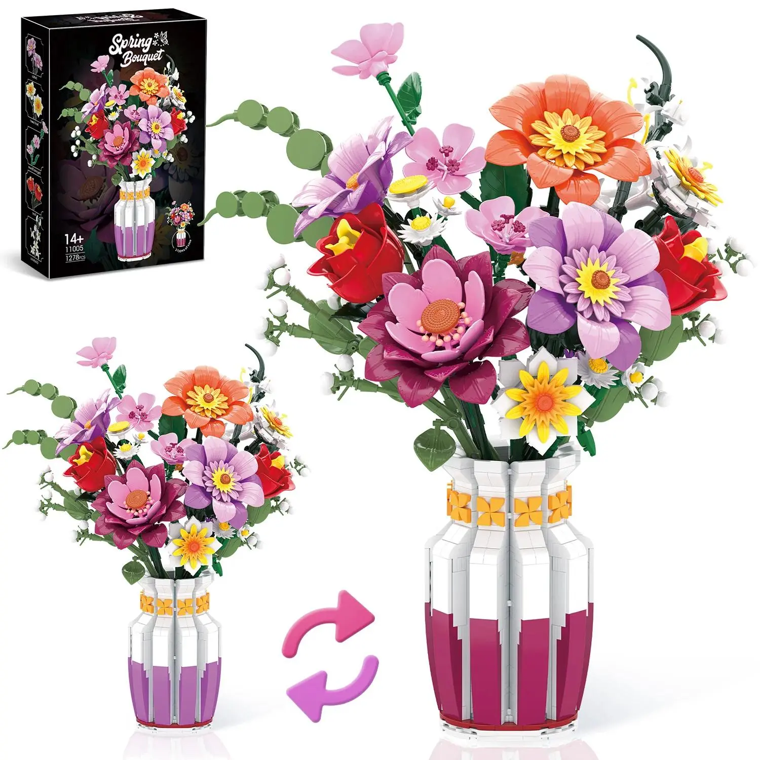 1278PCS Spring Bouquet Creative Building Blocks Flower With Vase Model Bricks Desktop Decoration DIY Toys For Children Holiday Gifts Model Kit Building Block Flowers