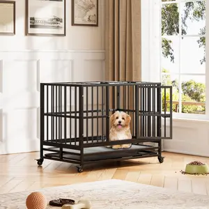 Garvee Heavy Duty Foldable Dog Crates Available in 37 and 42.5 Inch Sizes with Double Doors, 360° Lockable Wheels, Removable Tray, Easy Cleaning and Assembly for Small to Medium Dogs