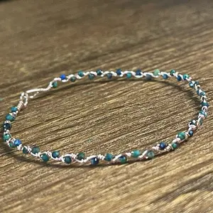 Azurite chrysocolla Pink copper core wire wrap Dainty Wave bangle Bracelet Handmade Adjustable Unique Design with Sparkle Accents