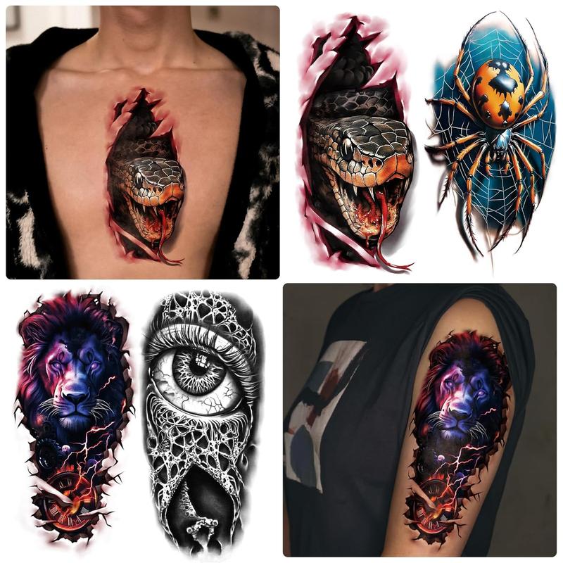 77 Sheets 3D Realistic Temporary Tattoos Adults Kids, Realistic Skull Tiger Wolf Lion Dragon Spider Snake Temporary Tattoos For Women Men, Half Arm 3D Halloween Temp Tattoos Look Real And Last Long