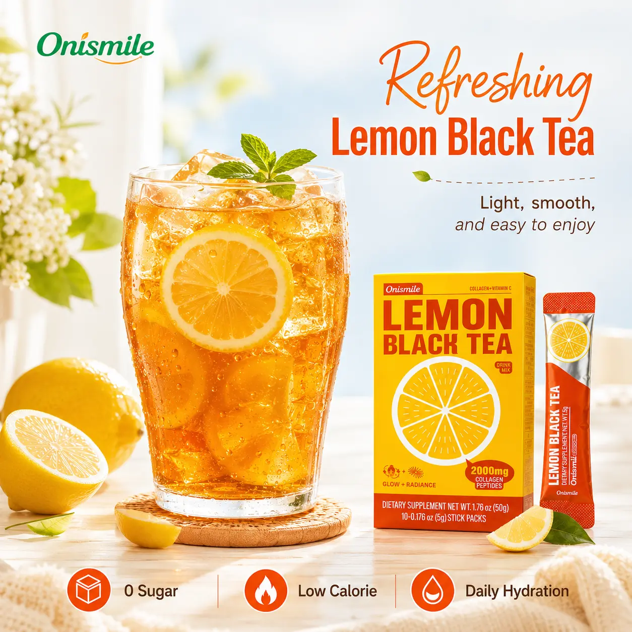 Onismile Lemon Black Tea Drink Mix with Collagen Peptides & Vitamin C, Zero Sugar, 10 Stick Packets Beauty Dietary