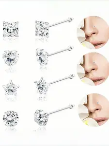 4pcs Stainless Steel Silvery Nose Stud Pentagram Curved Bar Nose Ring Exquisite Shiny Zirconia Sparkling Square Heart Nose Rings Body Piercing Jewelry Set Nose Piercing Kit Nose Piercings Kit
