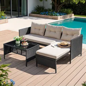 3‑Piece Rattan Patio Furniture Set, L‑Shaped Outdoor Sectional Couch with Chaise Lounge & Loveseat, Soft Cushions & Tempered Glass Side Table